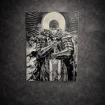 Tableau manga noir et blanc représentant un chevalier solitaire tenant une grande épée sous une pleine lune, art mural épique sur toile 30x40 cm