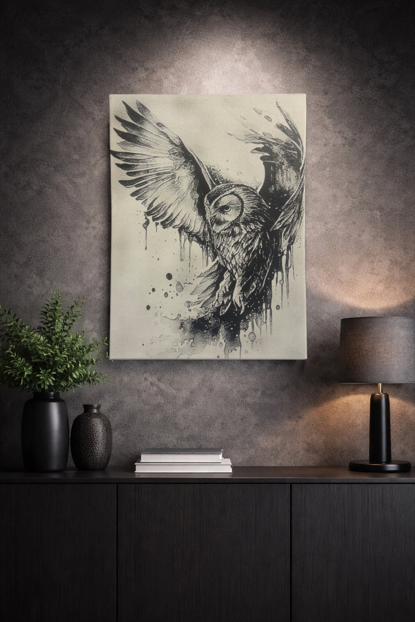 Tableau chouette en envol artistique noir et blanc décoration murale 30x40 cm - DesignRomArt