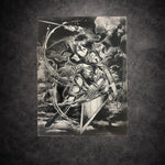 Tableau noir et blanc héroïne en combat aérien épique