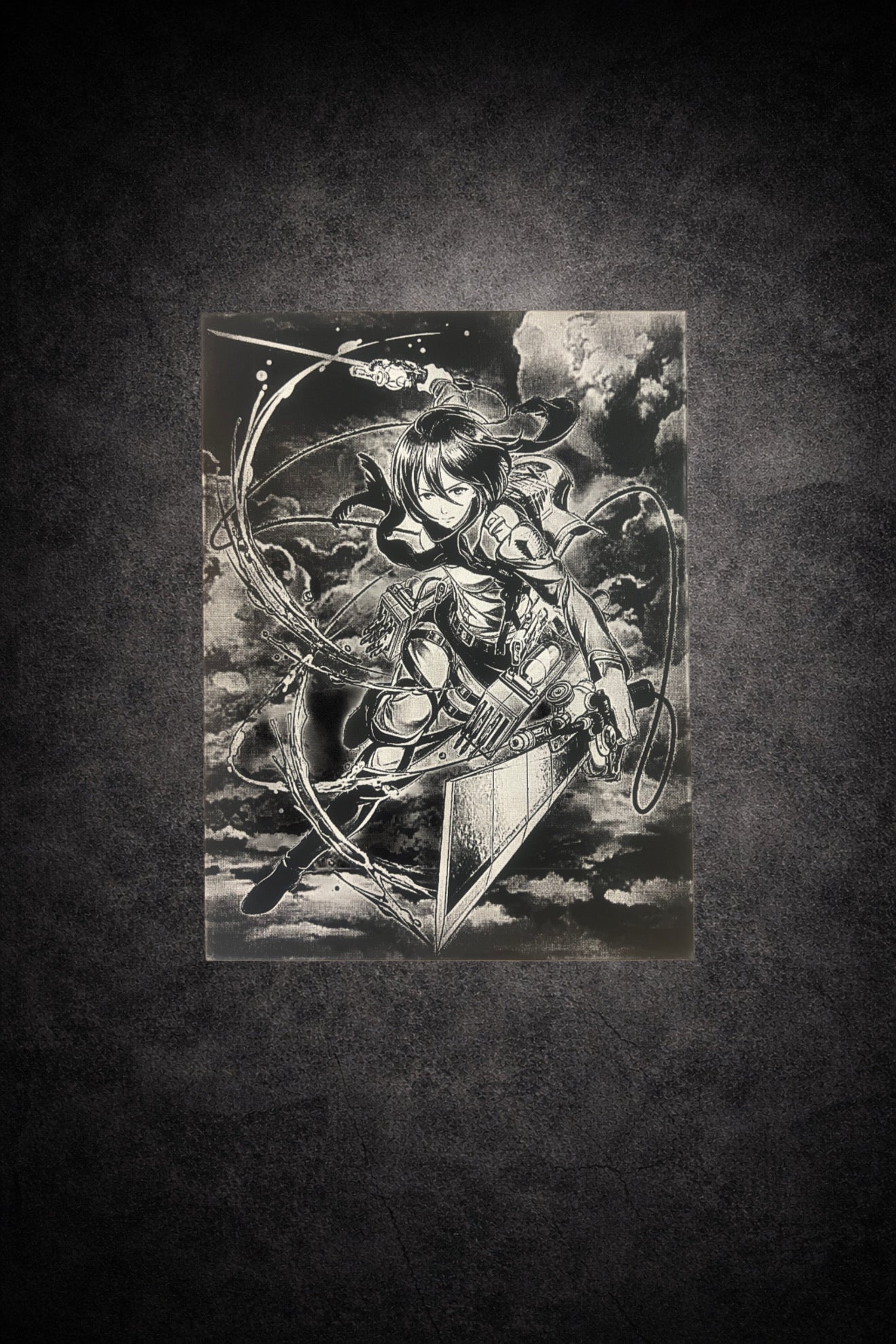 Tableau noir et blanc héroïne en combat aérien épique