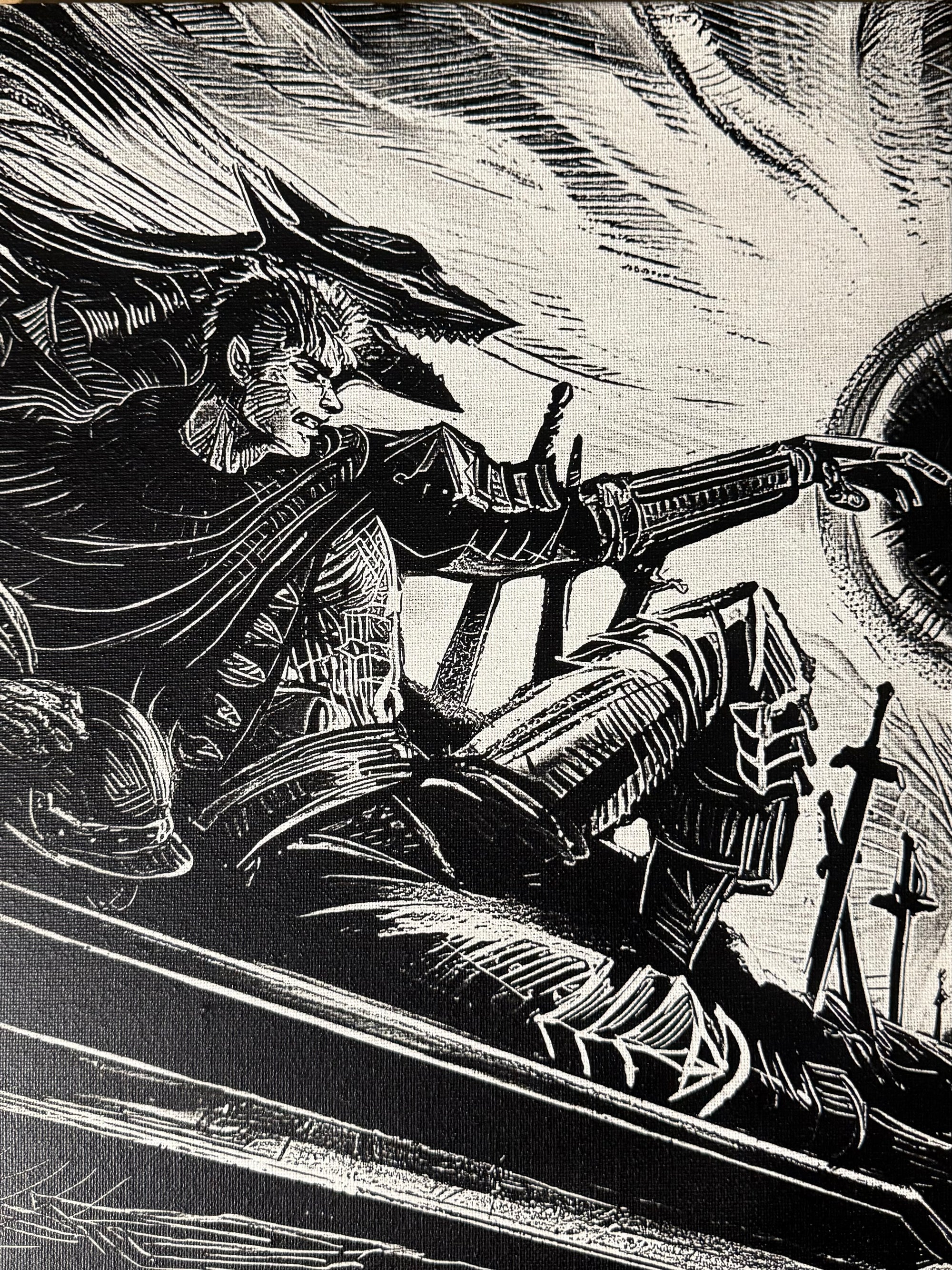 Détails artistiques du tableau combat épique noir et blanc contrasté