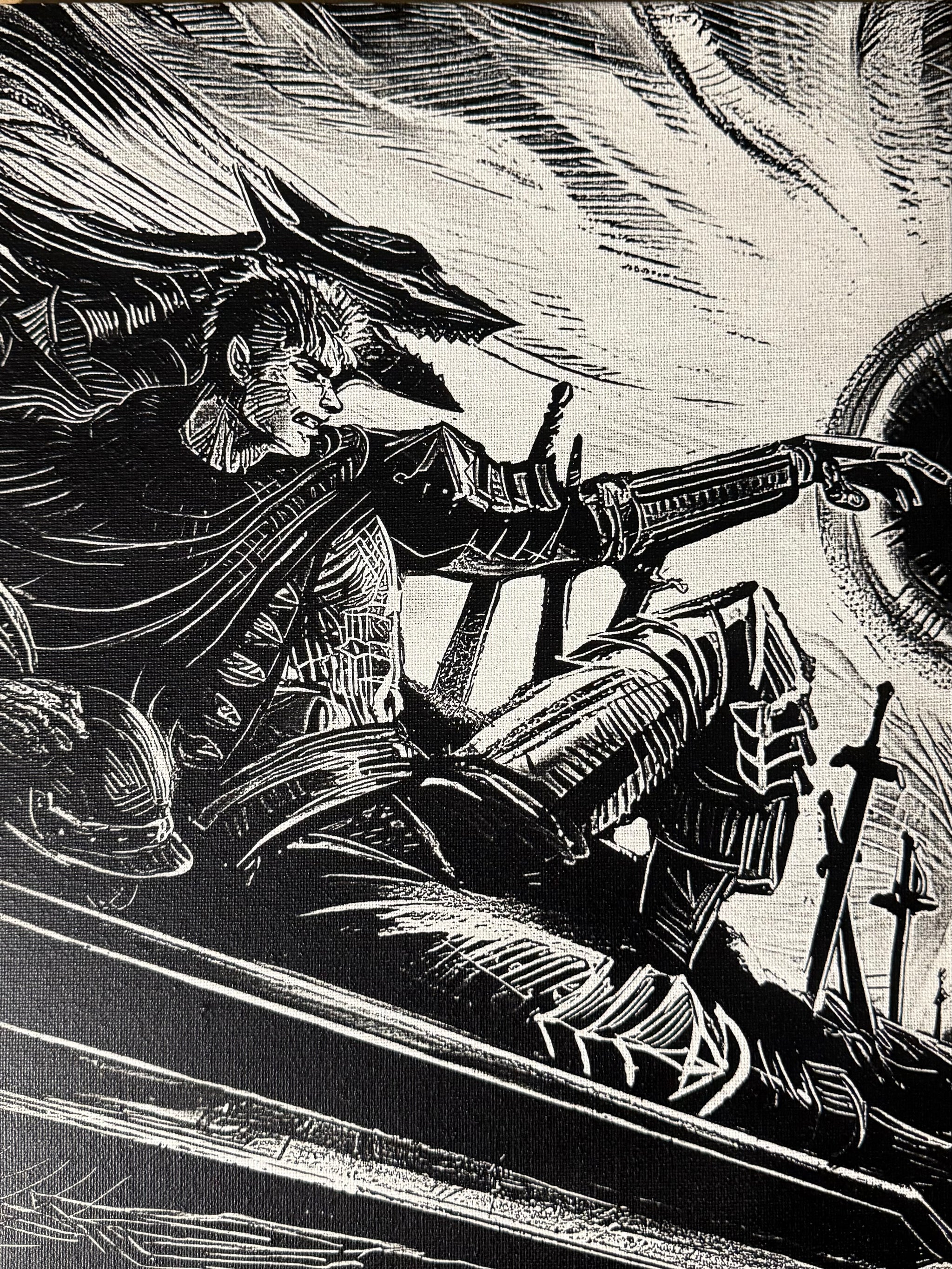 Détails artistiques du tableau combat épique noir et blanc contrasté