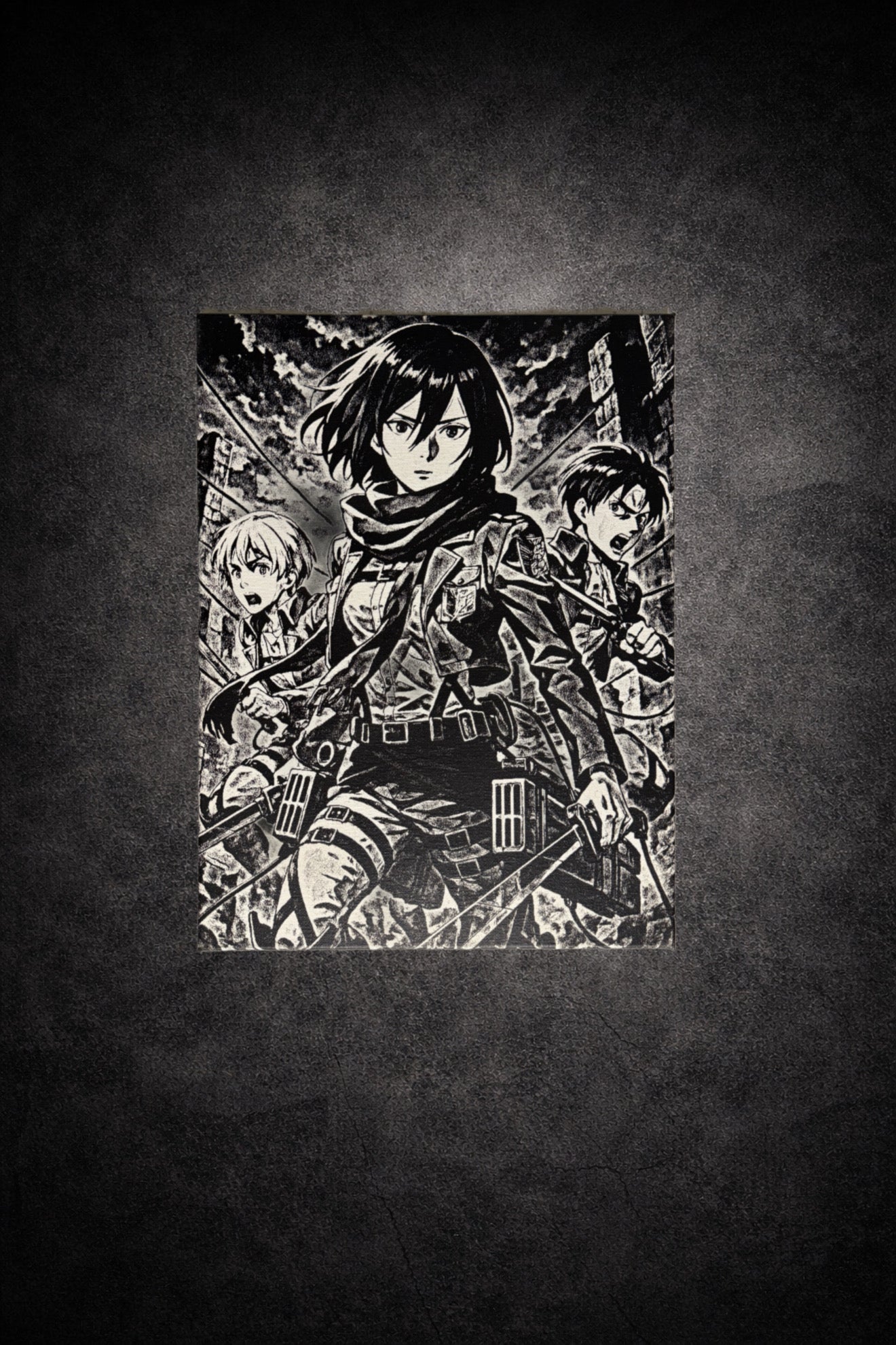 Tableau noir et blanc guerriers en combat épique en ville détruite