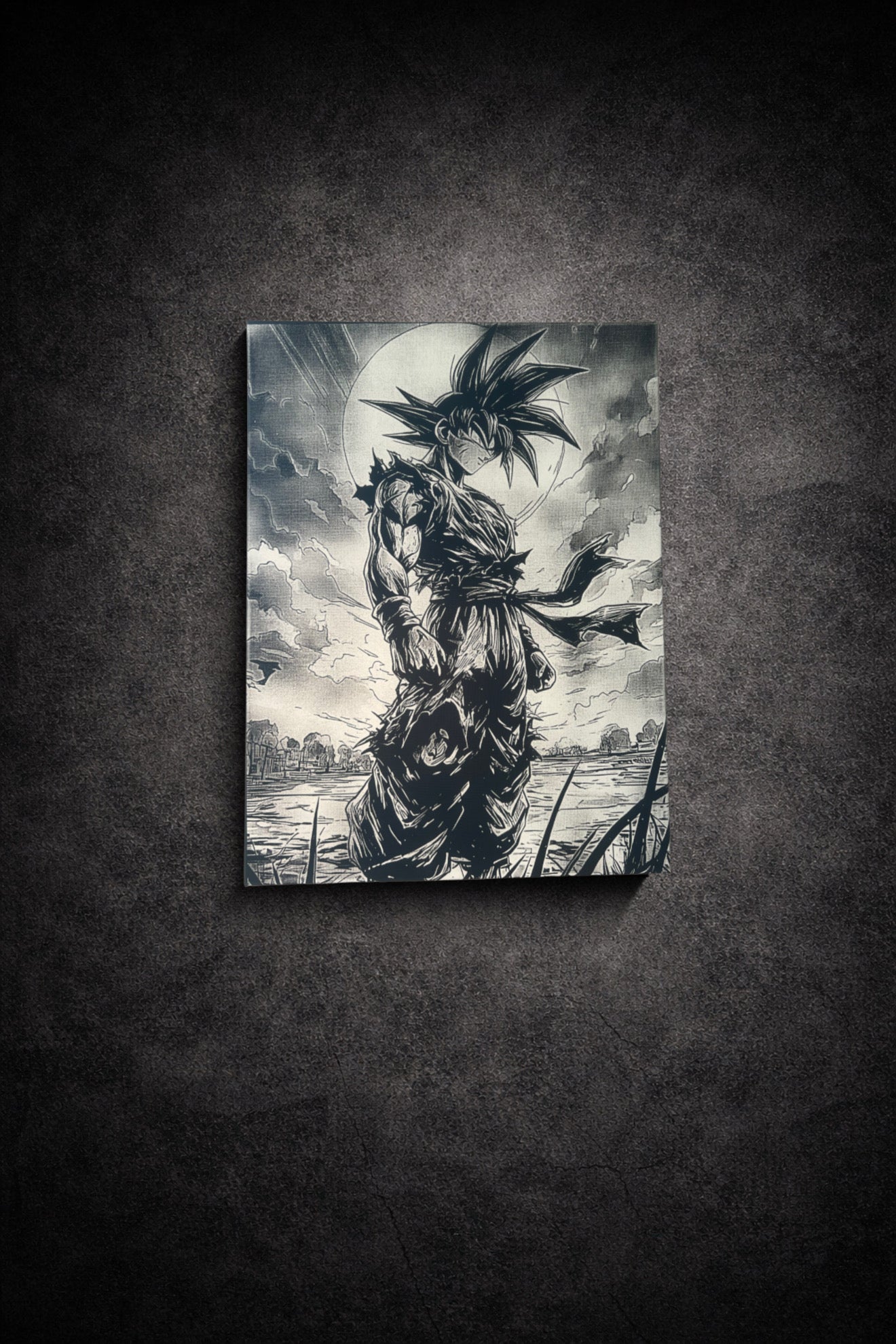 Tableau manga noir et blanc représentant un combattant solitaire debout sous une pleine lune, art mural intense sur toile 30x40 cm
