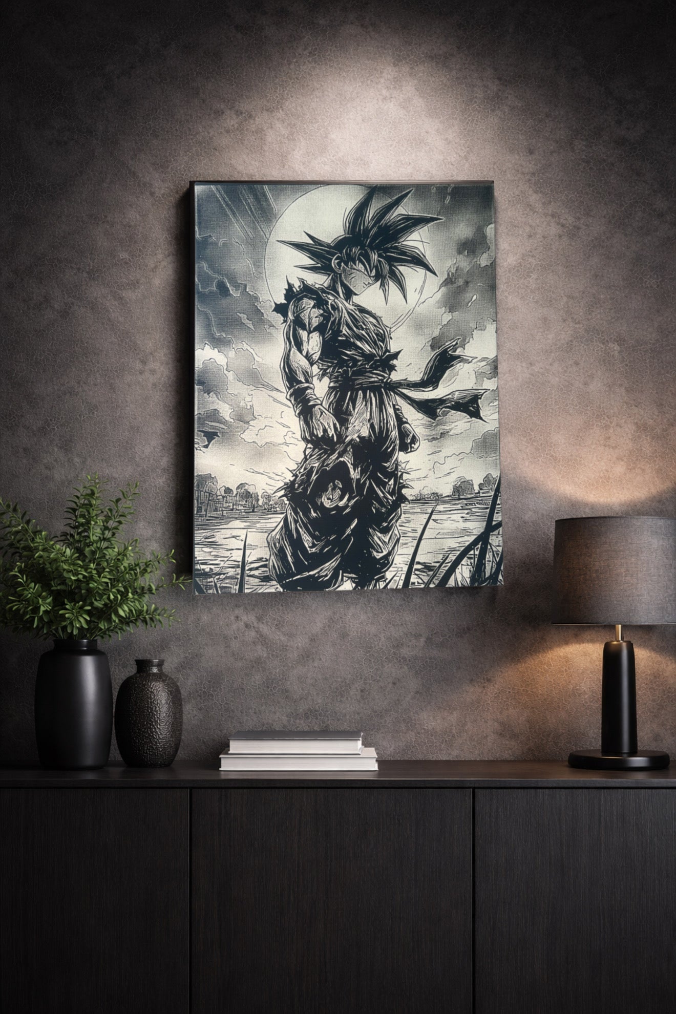 Tableau combattant silencieux sous la lune – Art manga noir et blanc – Toile 30x40 cm - DesignRomArt