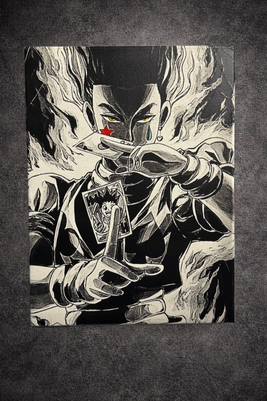 Tableau combattant stratège cartes magiques regard intense décoration murale manga noir et blanc style japonais 30x40 cm - DesignRomArt