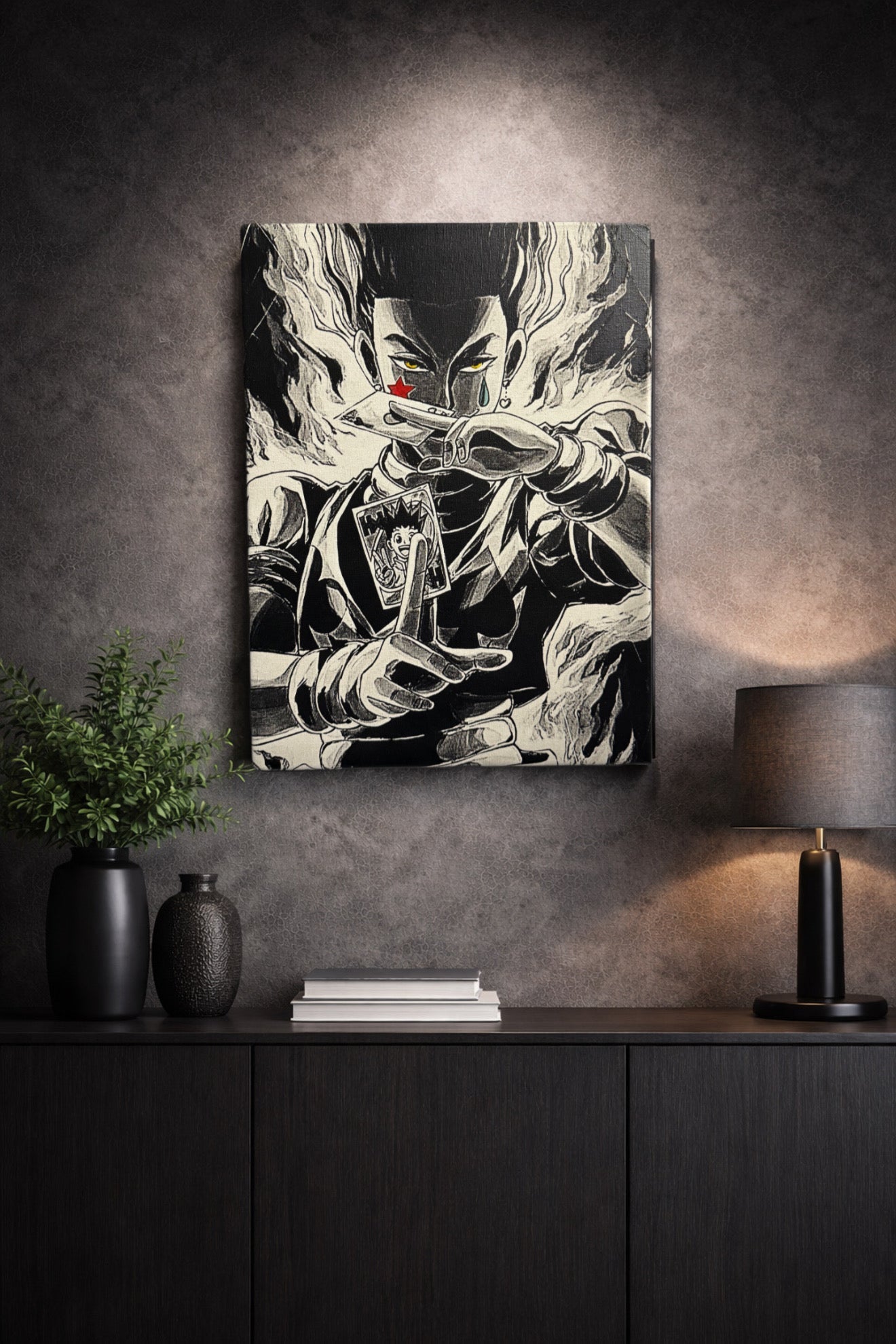 Tableau combattant stratège cartes magiques regard intense décoration murale manga noir et blanc style japonais 30x40 cm - DesignRomArt