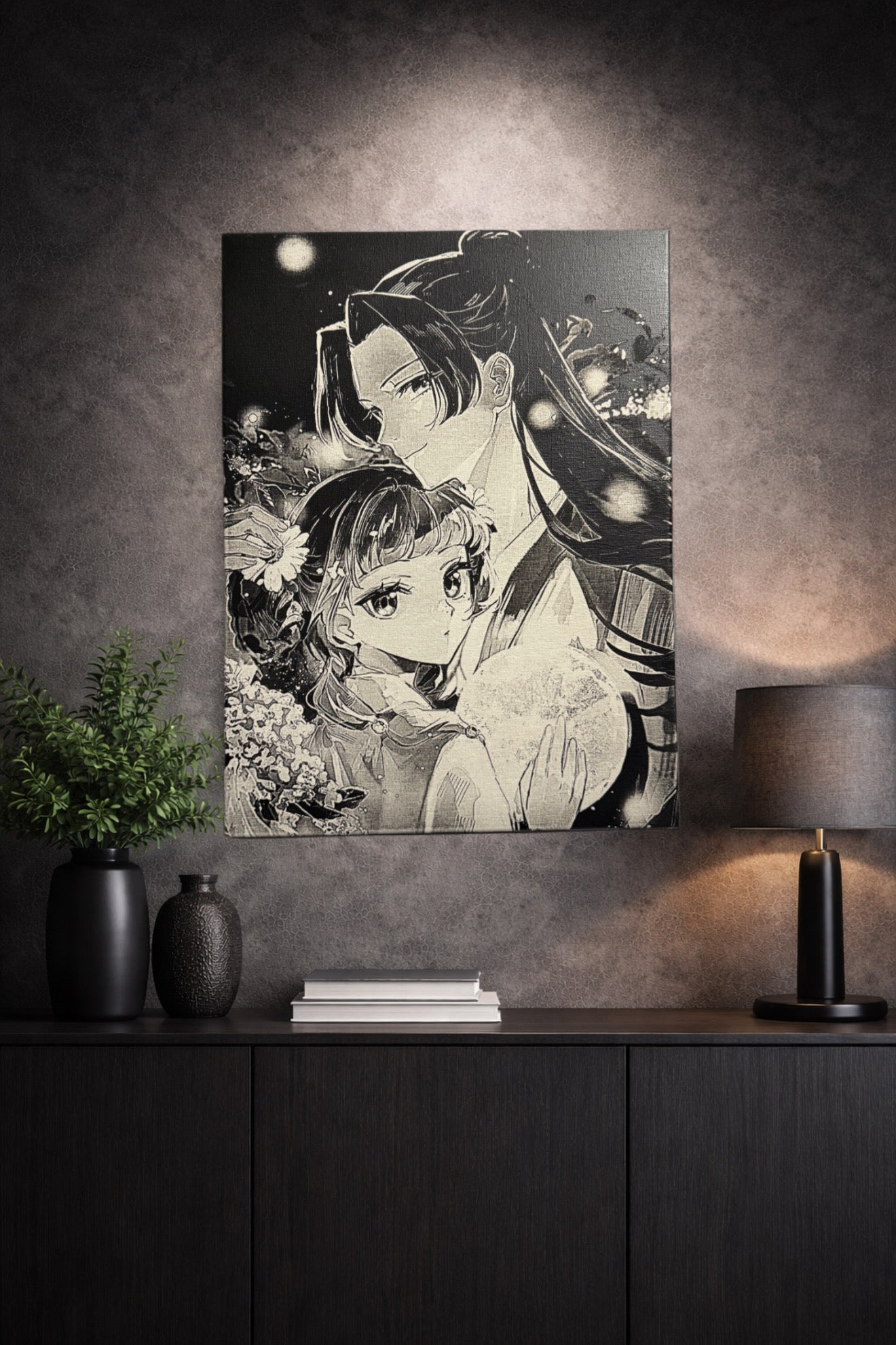 Tableau couple amoureux sous lumière de lune magique – style poétique romantique noir et blanc – décoration murale 30x40 cm - DesignRomArt