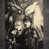 Tableau couple fantastique et dragons protecteurs – scène d’amour épique – décoration murale noir et blanc 30x40 cm - DesignRomArt