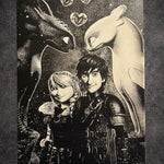 Tableau couple fantastique et dragons protecteurs – scène d’amour épique – décoration murale noir et blanc 30x40 cm - DesignRomArt