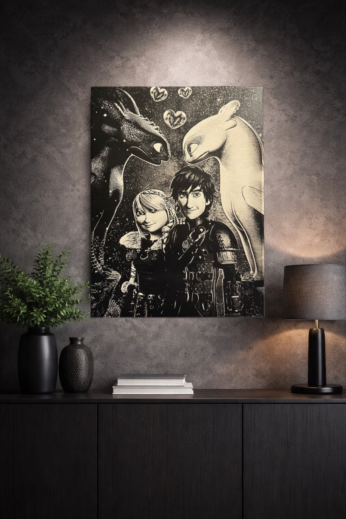 Tableau couple fantastique et dragons protecteurs – scène d’amour épique – décoration murale noir et blanc 30x40 cm - DesignRomArt