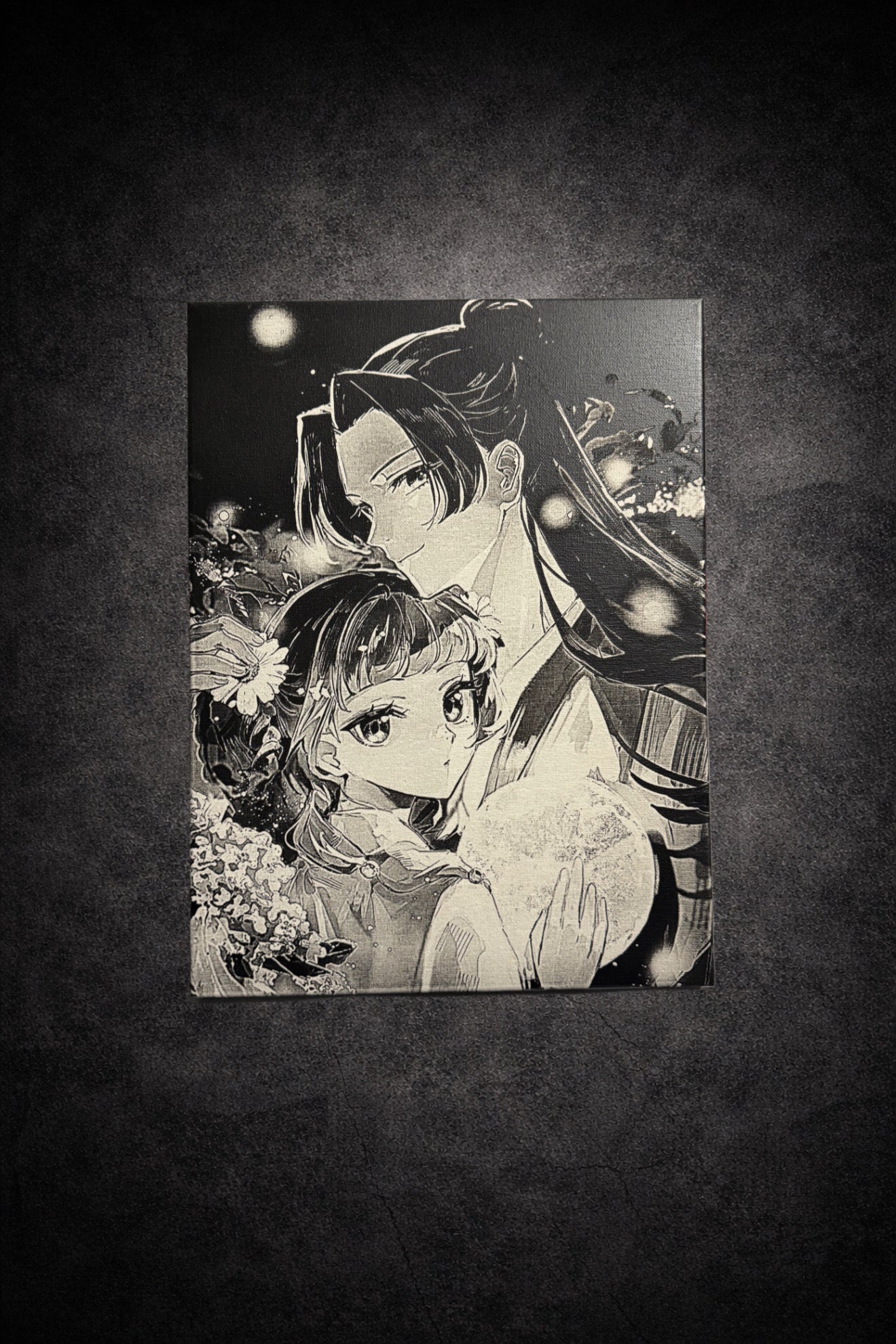 Tableau mural noir et blanc couple amoureux sous lumière de lune magique