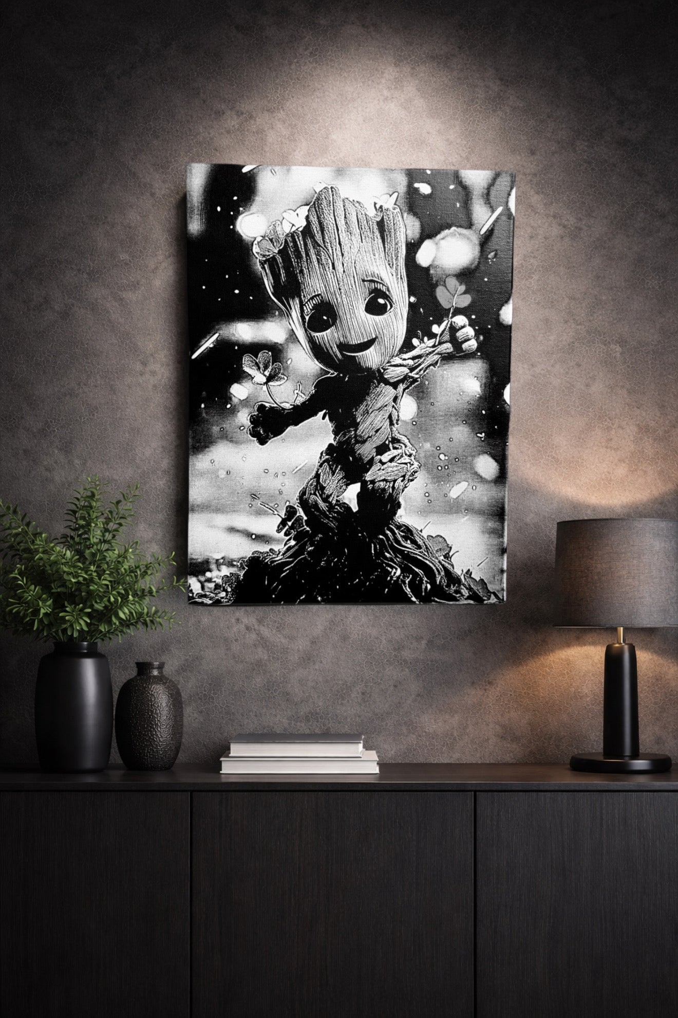 Tableau créature végétale dansante ambiance féerique noir et blanc décoration murale 30x40 cm - DesignRomArt
