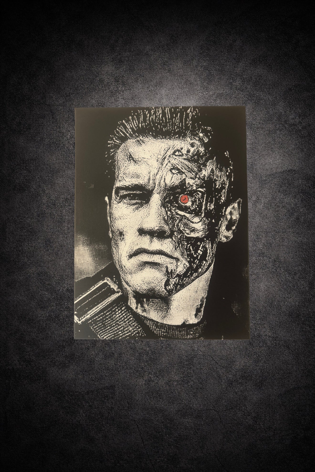 Tableau noir et blanc visage cyborg mural