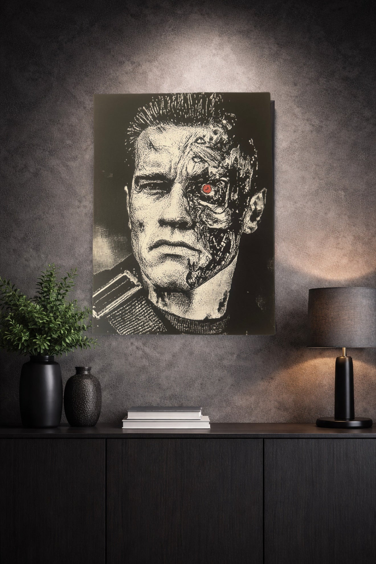 Tableau cyborg visage mi - humain mi - machine noir et blanc – 30x40 cm - DesignRomArt