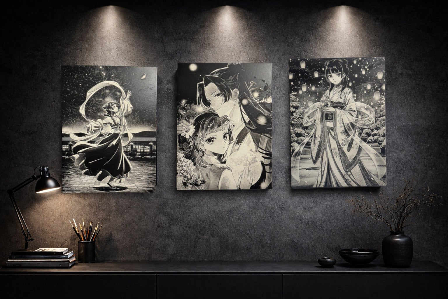 Tableau danseuse élégante sous ciel nocturne et lune brillante – style poétique asiatique noir et blanc – décoration murale 30x40 cm - DesignRomArt