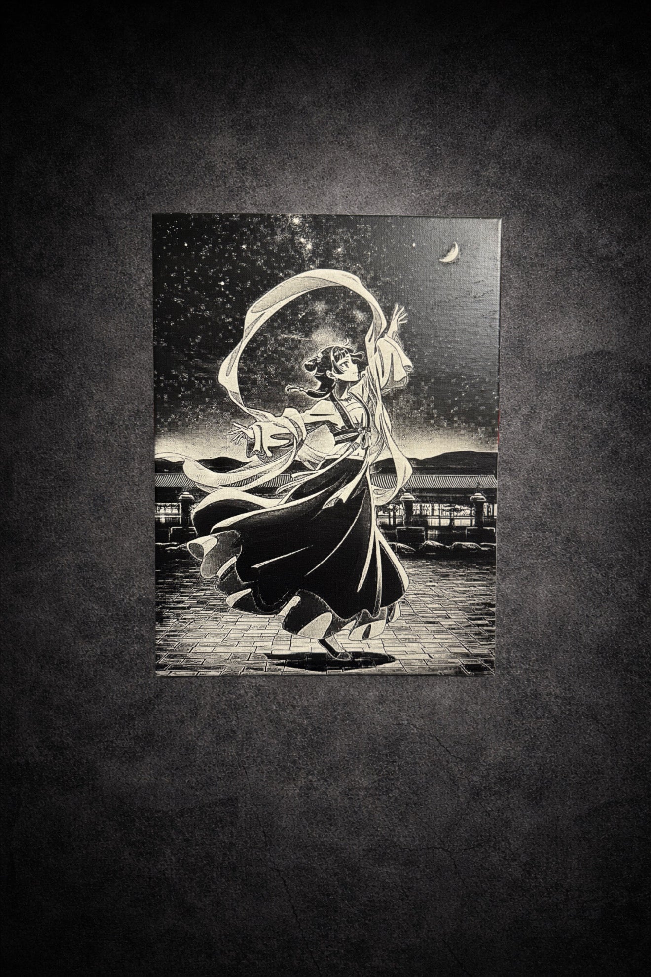 Tableau mural noir et blanc danseuse élégante sous lumière de lune poétique