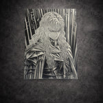 Tableau manga noir et blanc représentant un chevalier aux longs cheveux en armure, art mural dark fantasy sur toile 30x40 cm