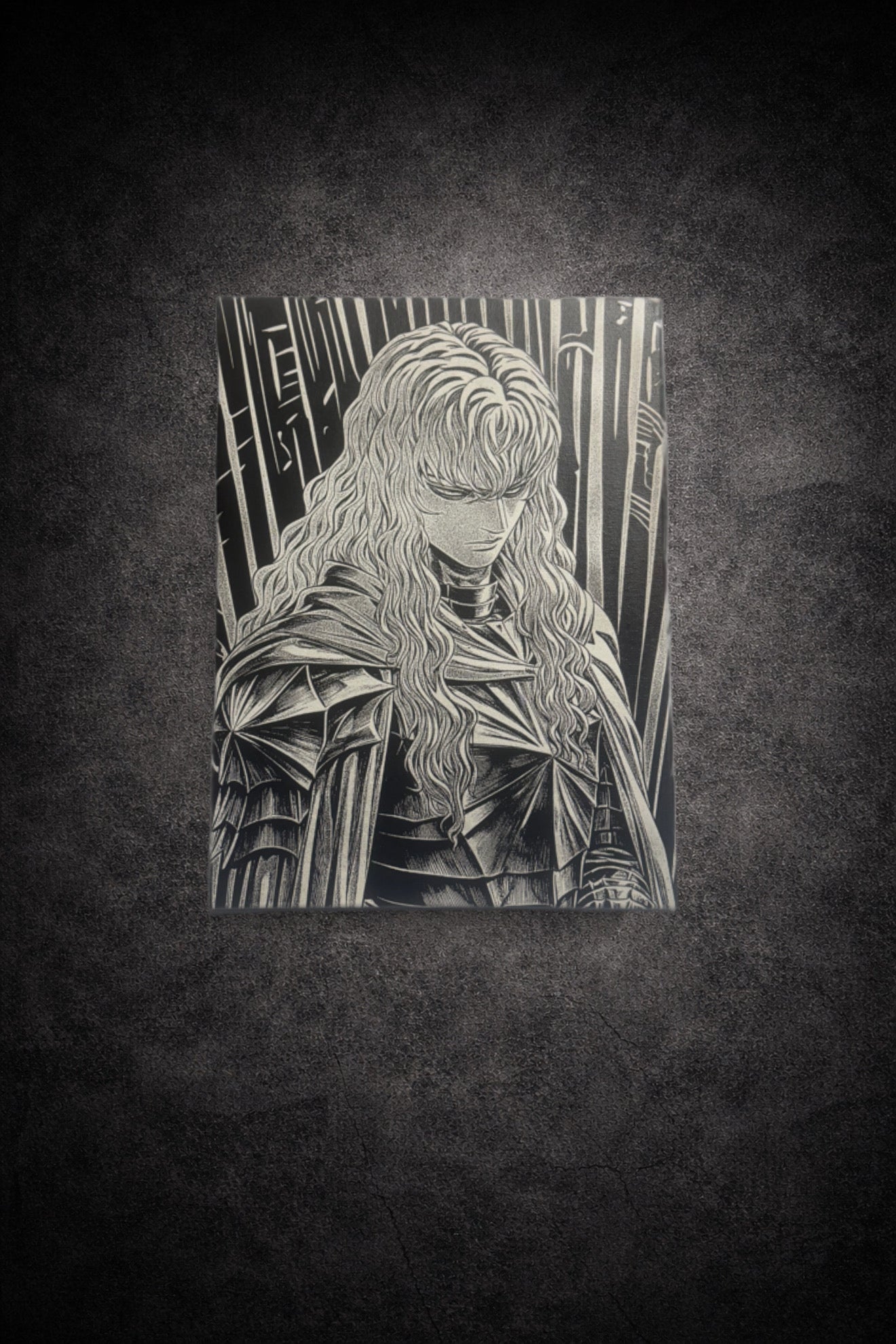 Tableau manga noir et blanc représentant un chevalier aux longs cheveux en armure, art mural dark fantasy sur toile 30x40 cm
