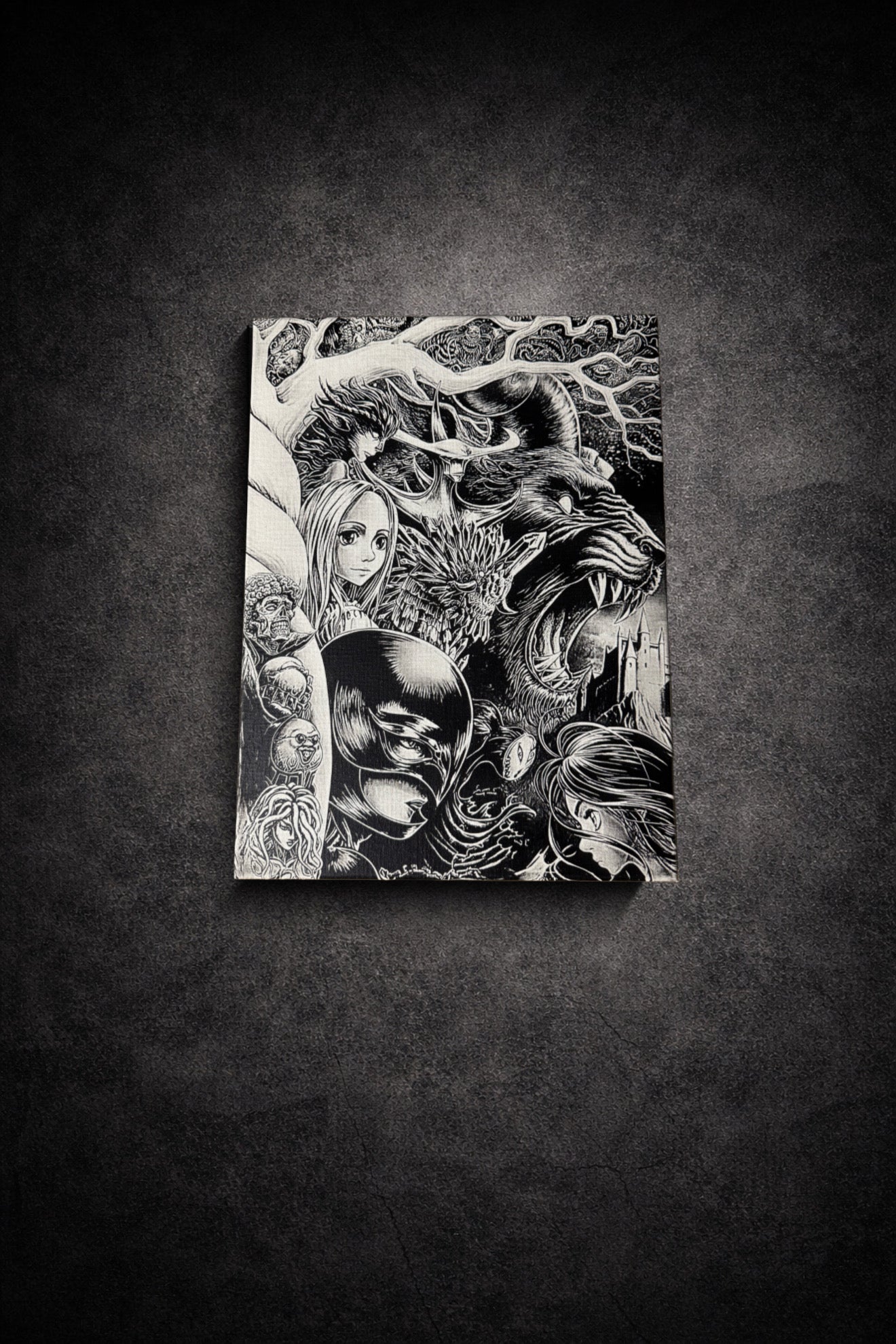Tableau dark fantasy avec créatures mythiques et ambiance médiévale épique en illustration noir et blanc