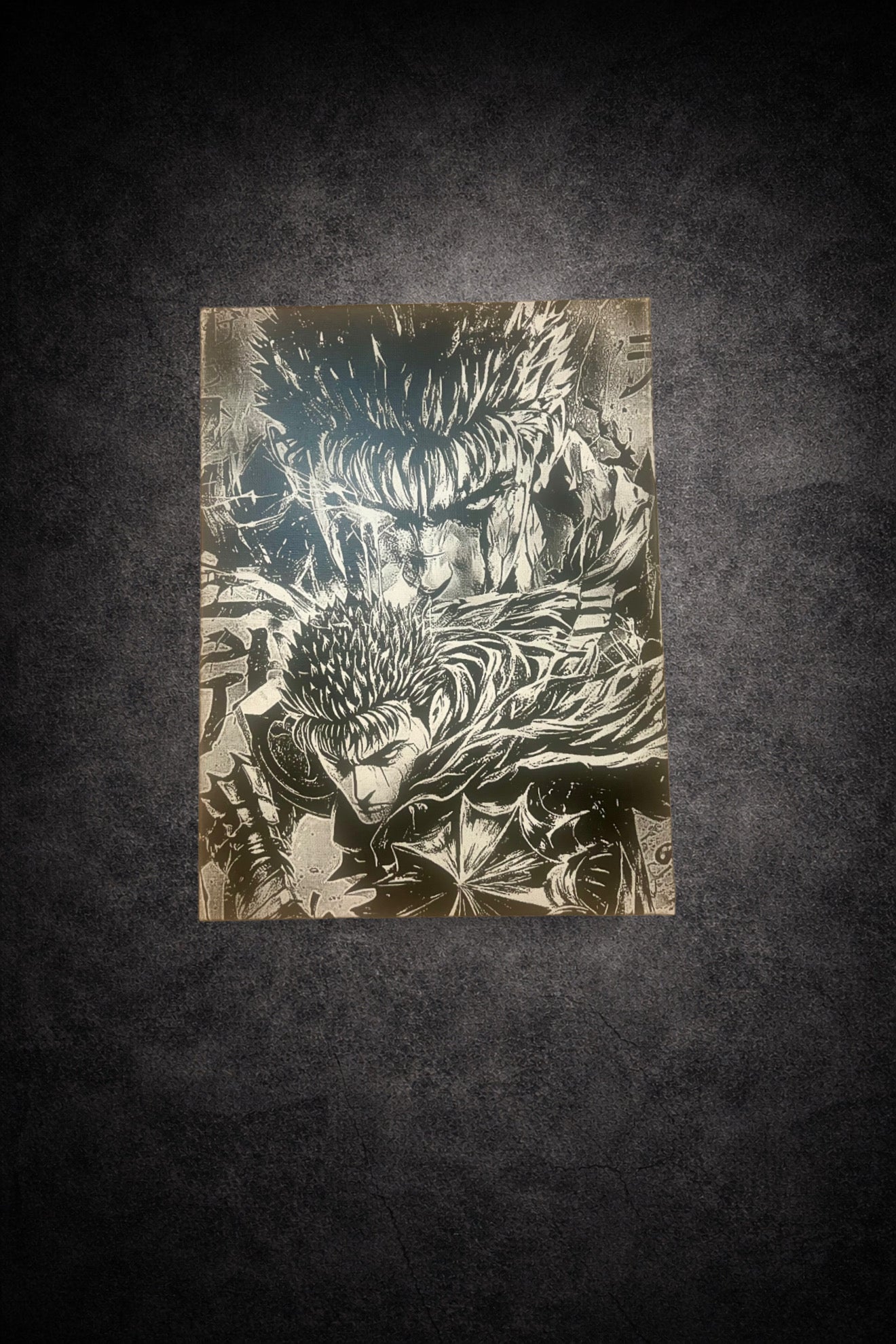 Tableau manga noir et blanc représentant un guerrier sombre en double portrait, art dark fantasy intense sur toile 30x40 cm