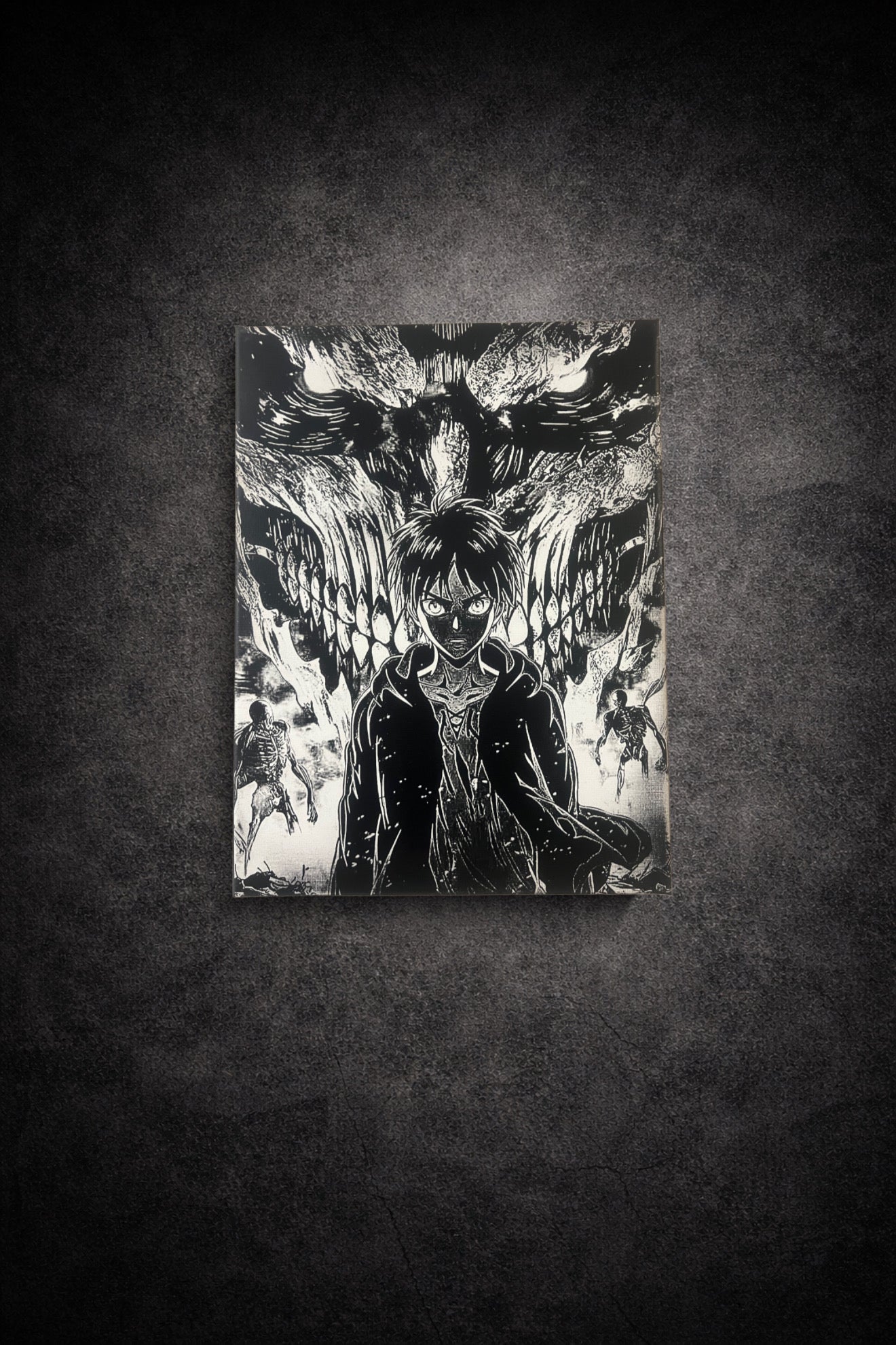Tableau manga noir et blanc représentant un personnage face à un destin oppressant, art mural intense sur toile 30x40 cm