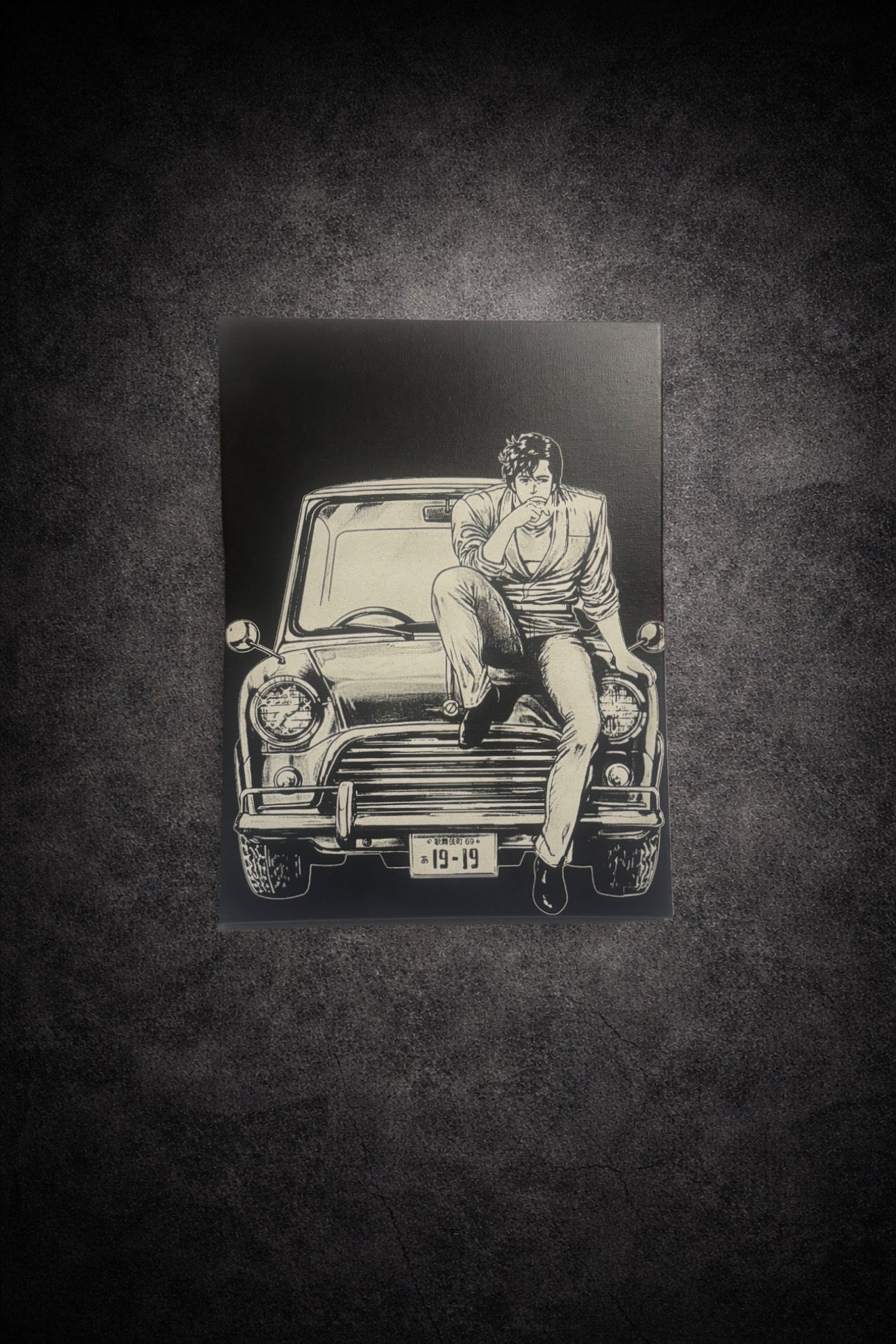 Tableau détective rétro sur voiture vintage noir et blanc