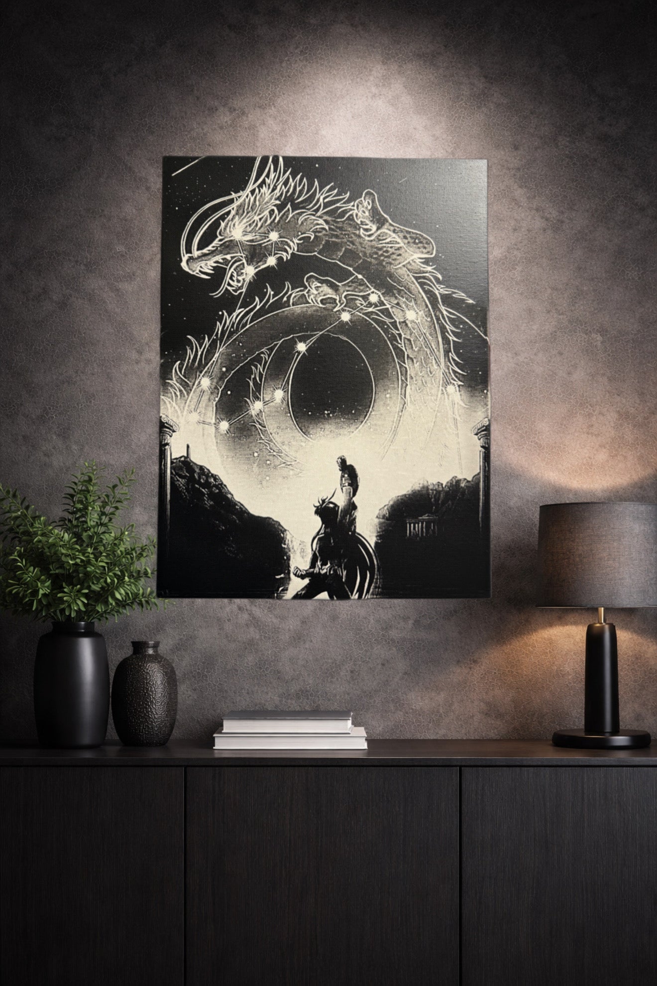 Tableau dragon cosmique en constellation céleste – scène épique fantastique – décoration murale 30x40 cm - DesignRomArt