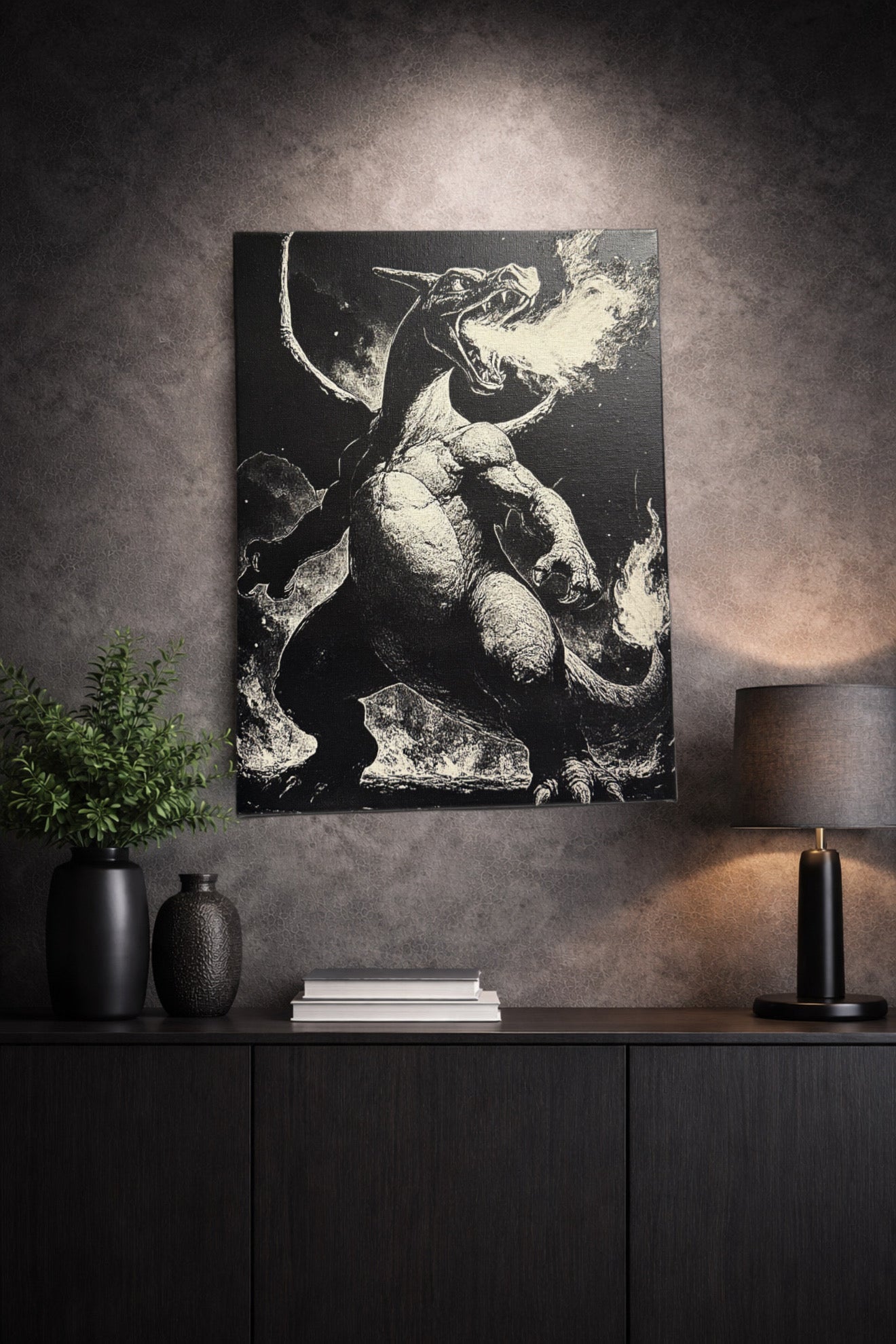 Tableau dragon feu style anime noir blanc decoration murale gaming 30x40 cm - DesignRomArt