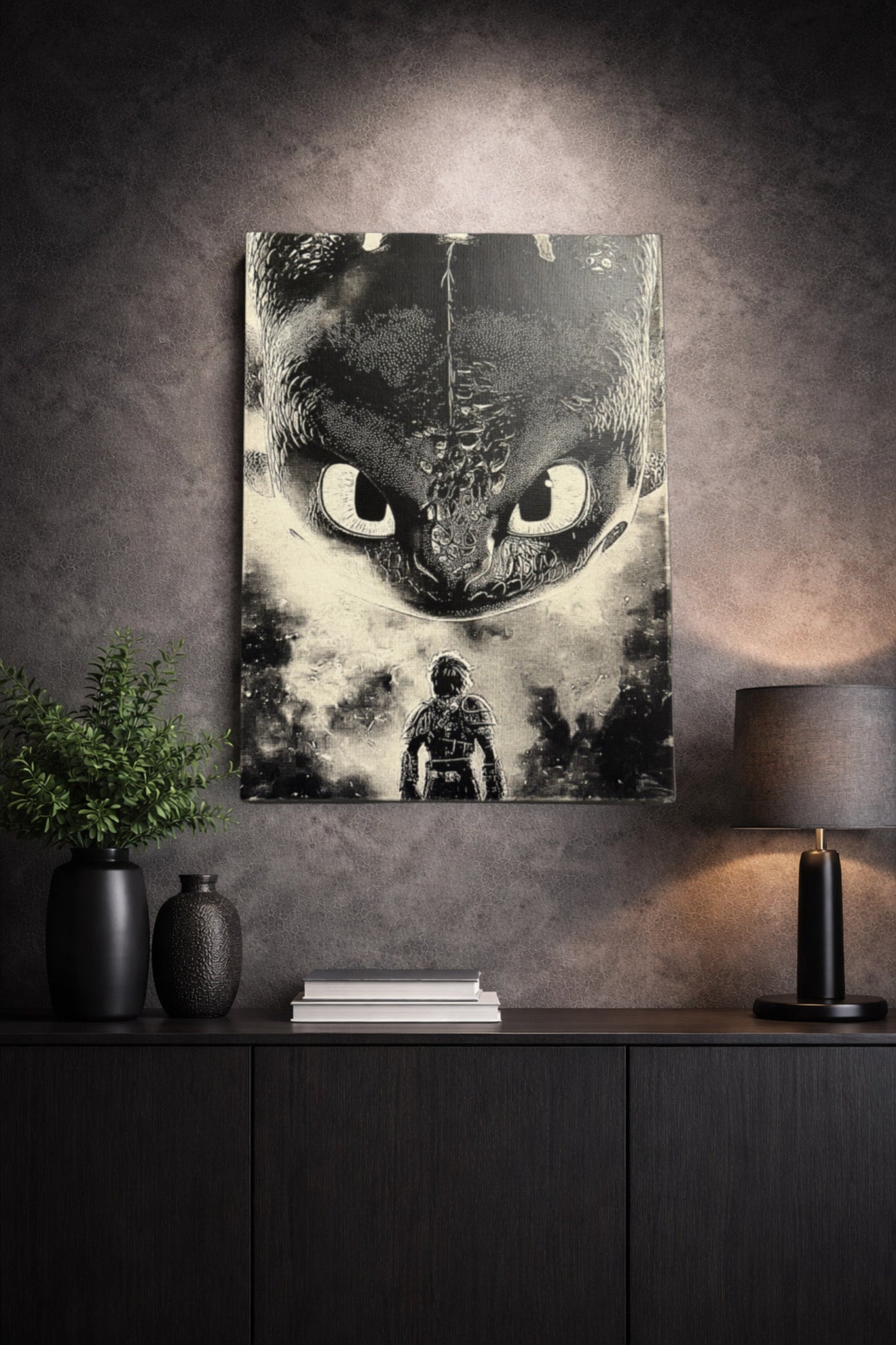 Tableau dragon géant noir et blanc décoration murale épique 30x40 cm - DesignRomArt