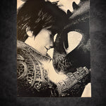 Tableau dragon noir et blanc scène héroïque intense