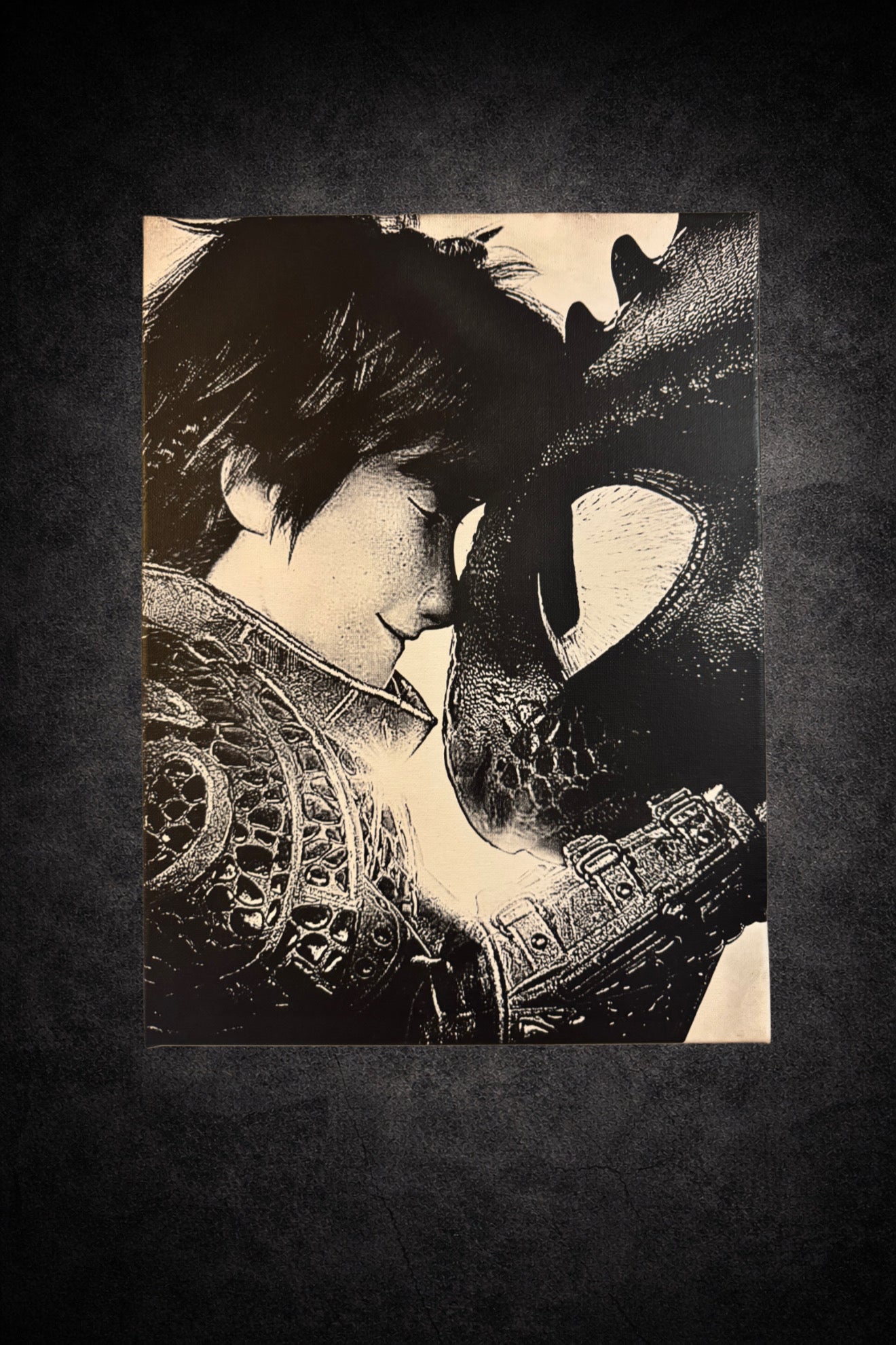 Tableau dragon noir et blanc scène héroïque intense