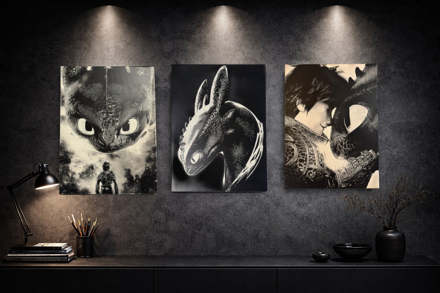 Tableau dragon noir et blanc – regard mystique et puissance sombre – décoration murale 30x40 cm - DesignRomArt