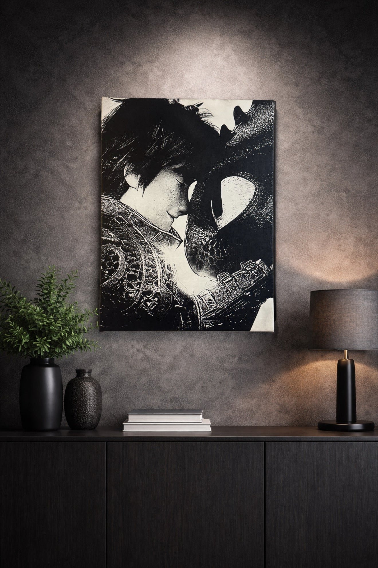 Tableau dragon noir et blanc – scène héroïque intense sur toile murale 30x40 cm - DesignRomArt