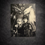 tableau mural couple fantastique et dragons noir et blanc