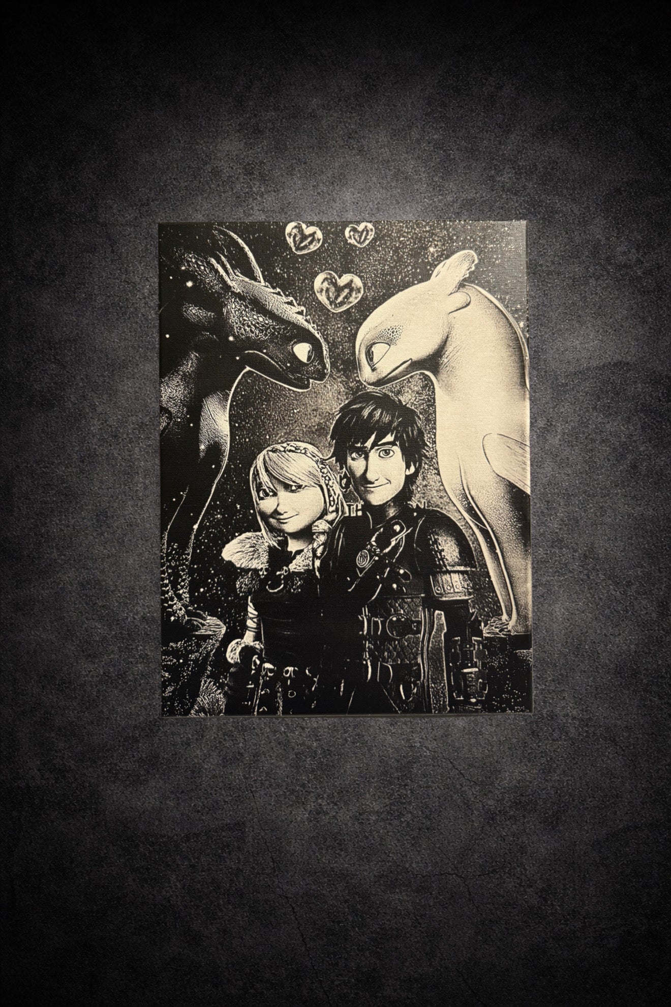 tableau mural couple fantastique et dragons noir et blanc