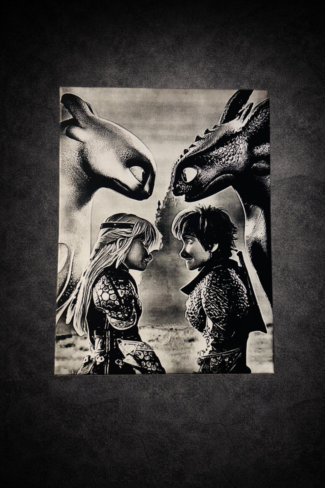 tableau mural dragons fantastiques noir et blanc sur toile 30x40 cm