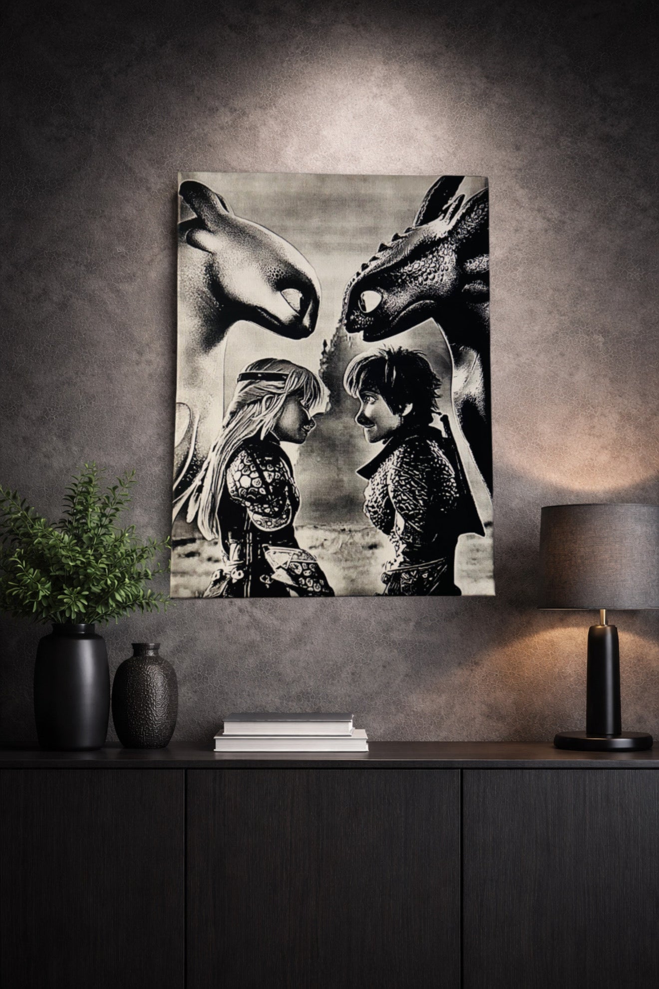 Tableau dragons protecteurs et jeunes héros – scène fantastique intense – décoration murale 30x40 cm - DesignRomArt