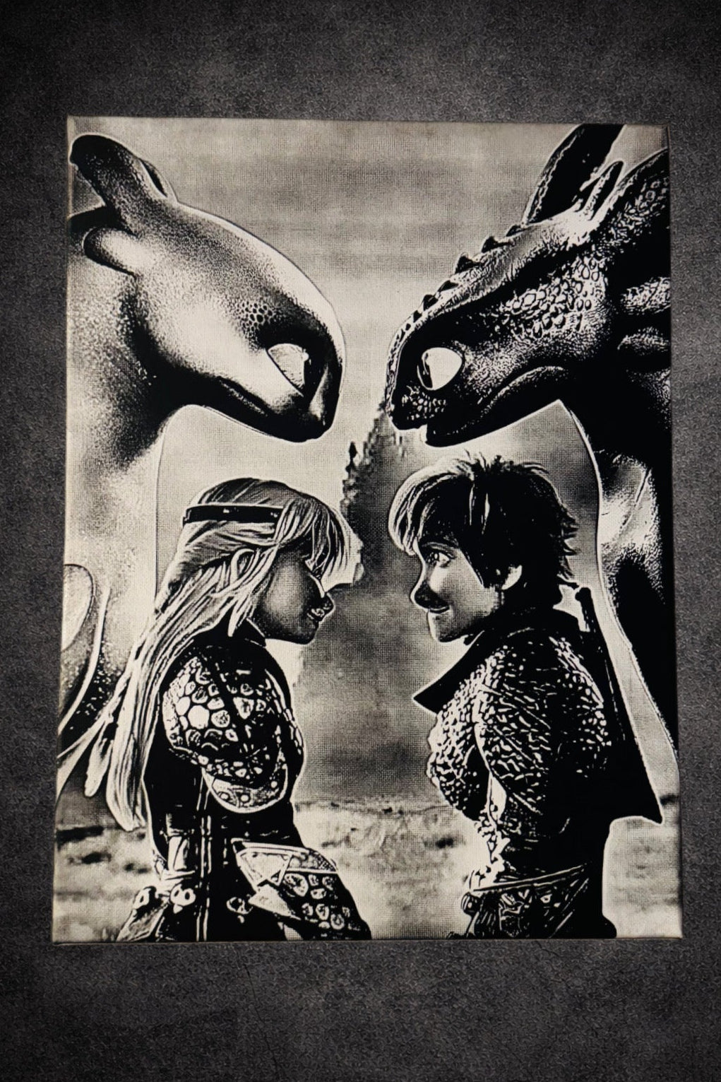 Tableau dragons protecteurs et jeunes héros – scène fantastique intense – décoration murale 30x40 cm - DesignRomArt