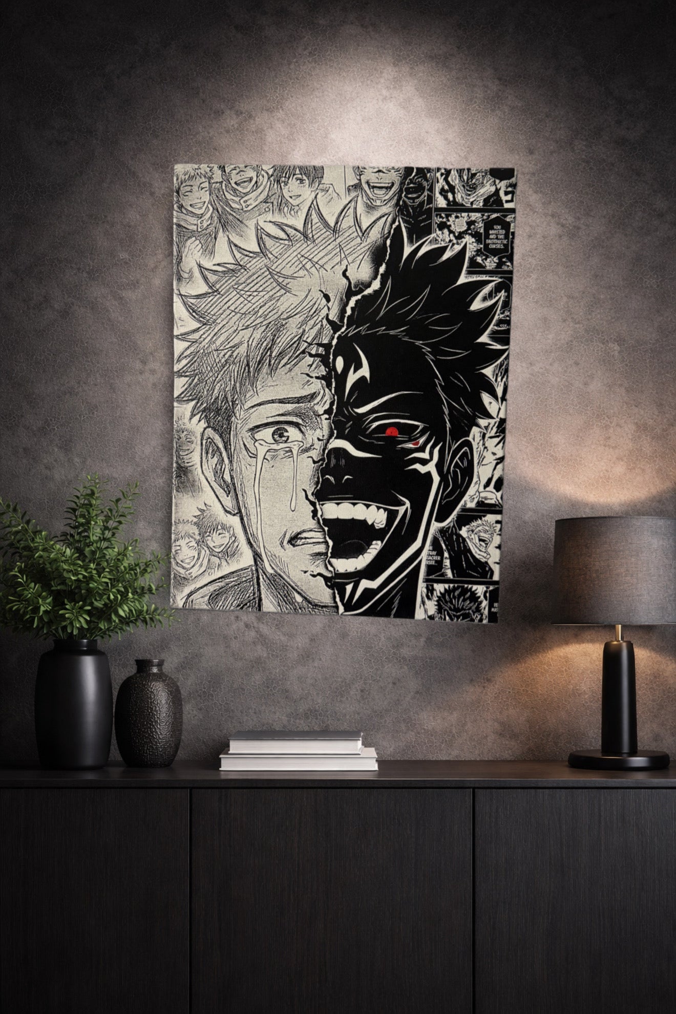 Tableau dualité exorciste et malédiction – Univers Jujutsu – Manga noir et blanc – Décoration murale intense - DesignRomArt