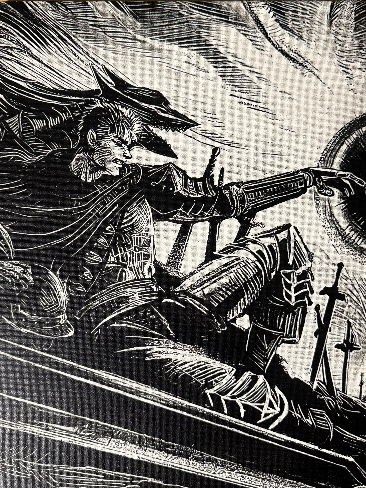 Tableau duel de guerriers en plein affrontement d’énergie – style épique noir et blanc – décoration murale 30x40 cm - DesignRomArt