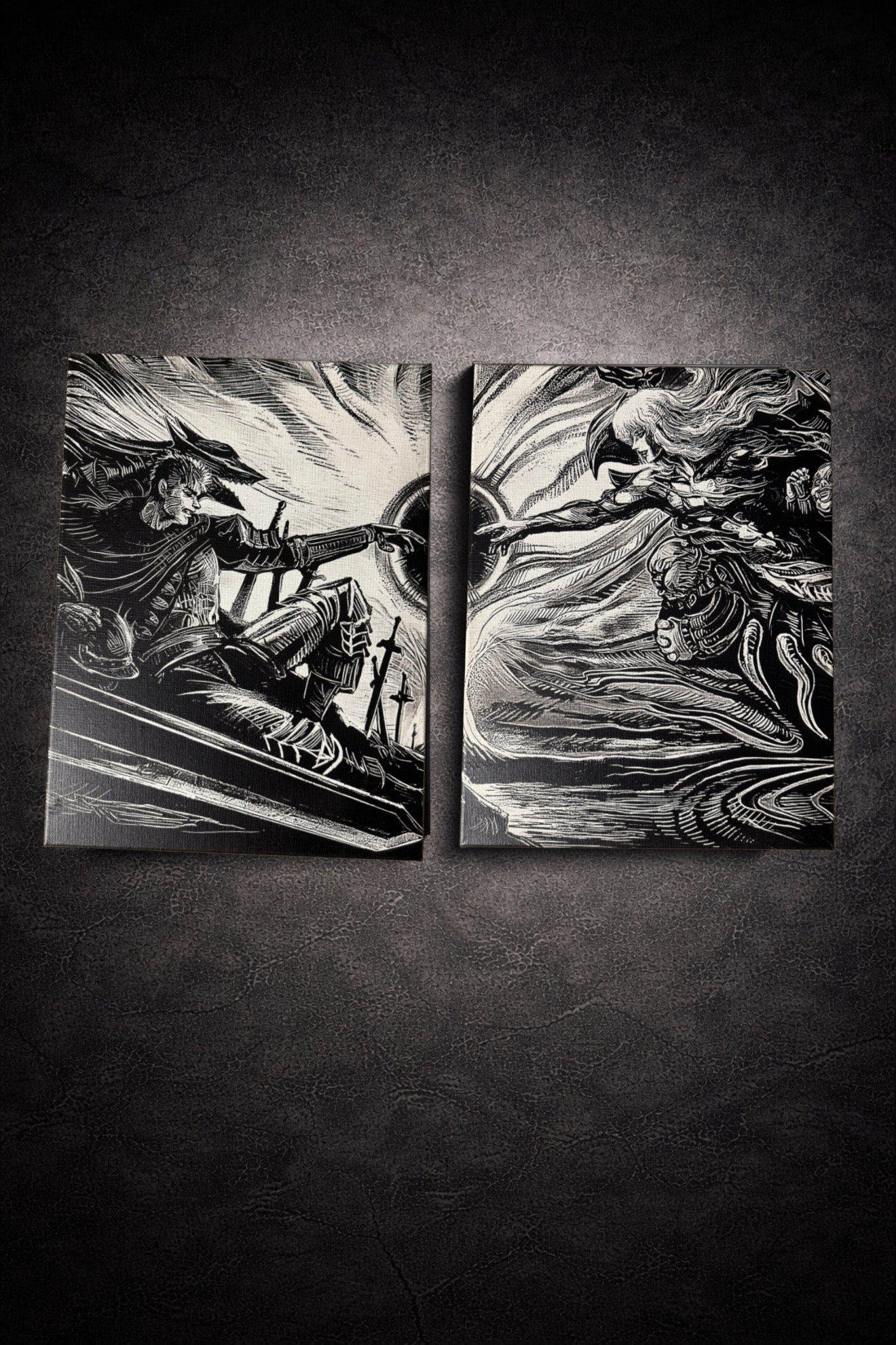 Tableau duel de guerriers en plein affrontement d’énergie – style épique noir et blanc – décoration murale 30x40 cm - DesignRomArt