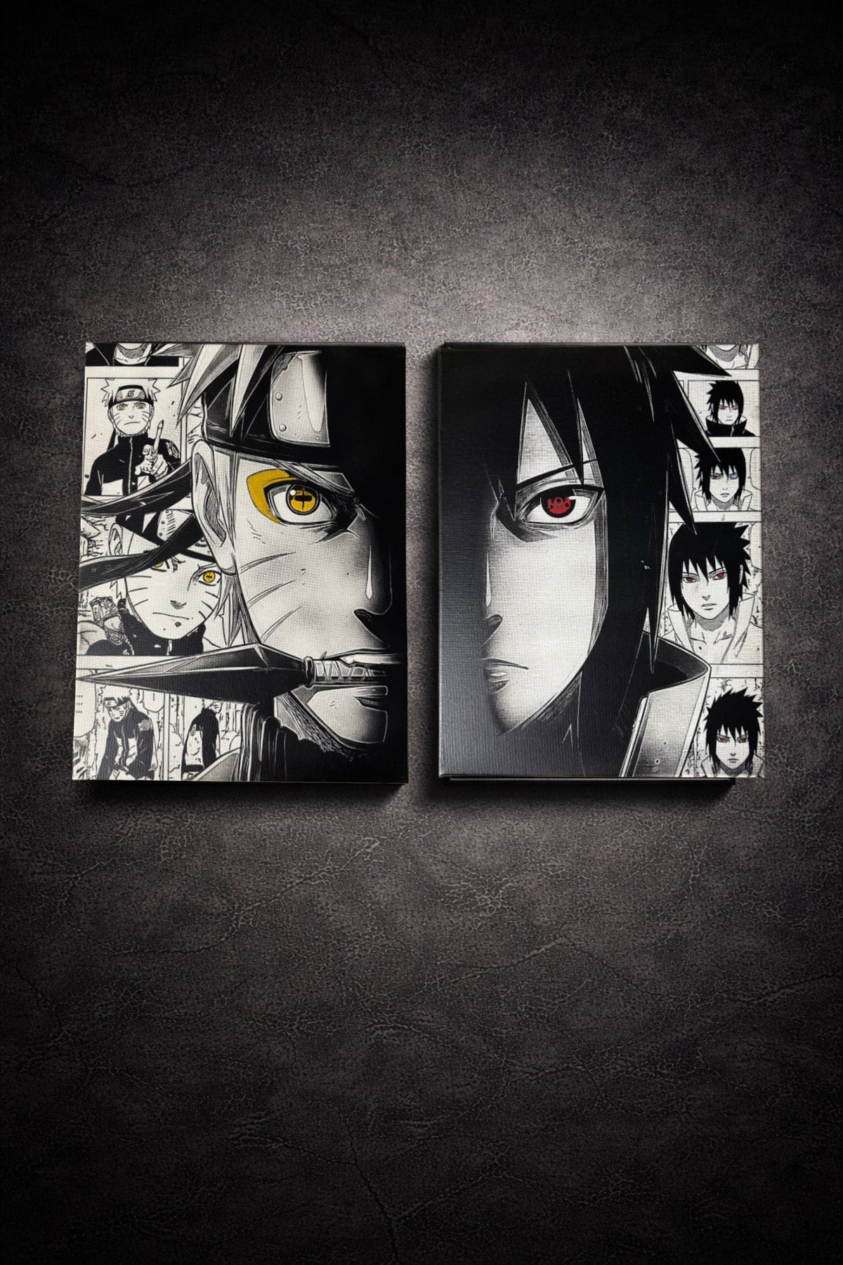 Tableau duel de guerriers ninjas au regard de feu et d’ombre – style épique noir et blanc – décoration murale 30x40 cm - DesignRomArt