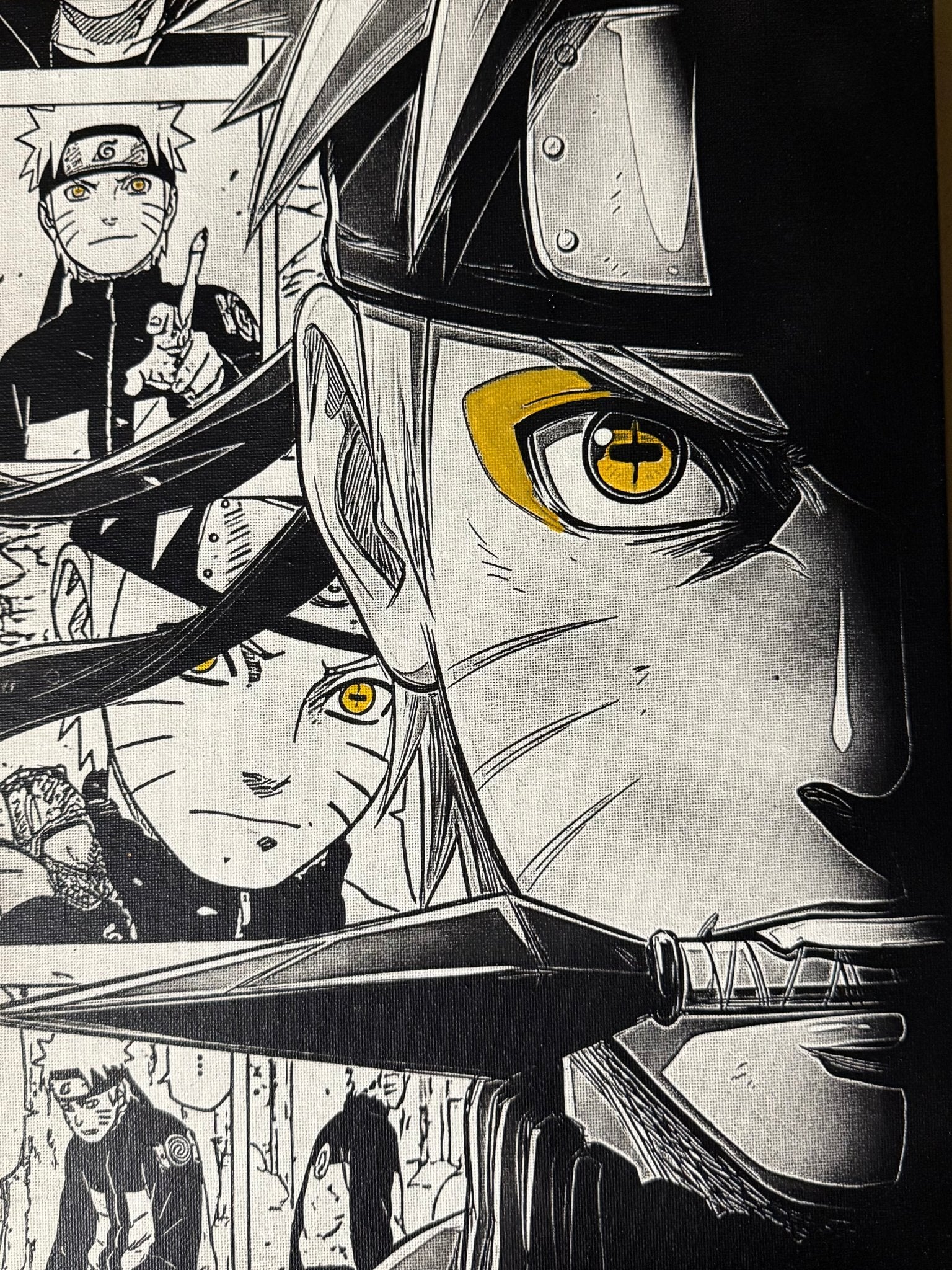 Tableau duel de guerriers ninjas au regard de feu et d’ombre – style épique noir et blanc – décoration murale 30x40 cm - DesignRomArt