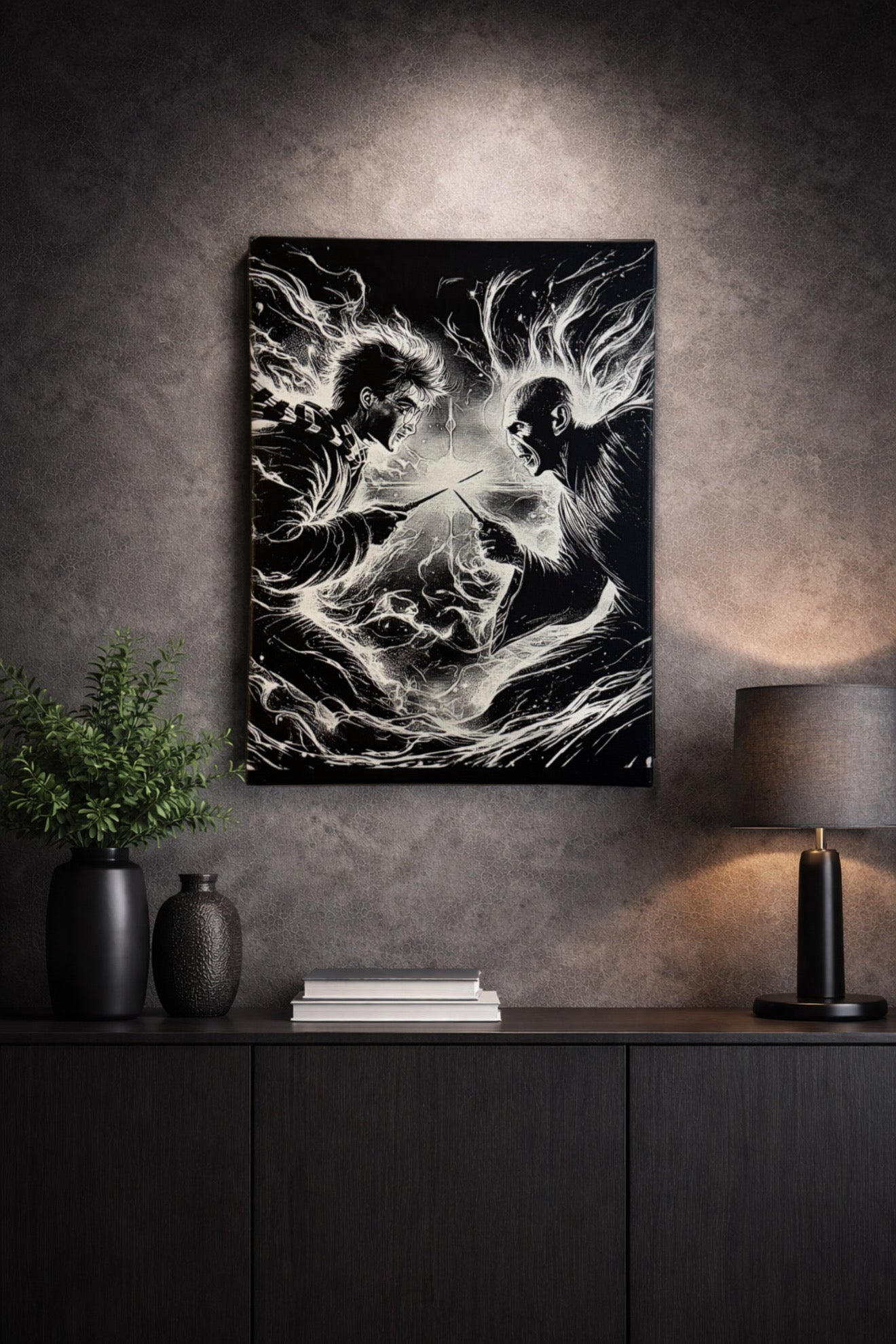 Tableau duel de sorciers noir et blanc – Combat magique et énergie – Décoration murale fantasy 30x40 cm - DesignRomArt