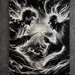 Tableau duel de sorciers noir et blanc – Combat magique et énergie – Décoration murale fantasy 30x40 cm - DesignRomArt