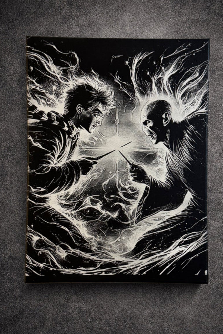 Tableau duel de sorciers noir et blanc – Combat magique et énergie – Décoration murale fantasy 30x40 cm - DesignRomArt