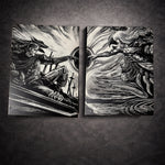 Tableau mural noir et blanc duel de guerriers en affrontement d’énergie épique