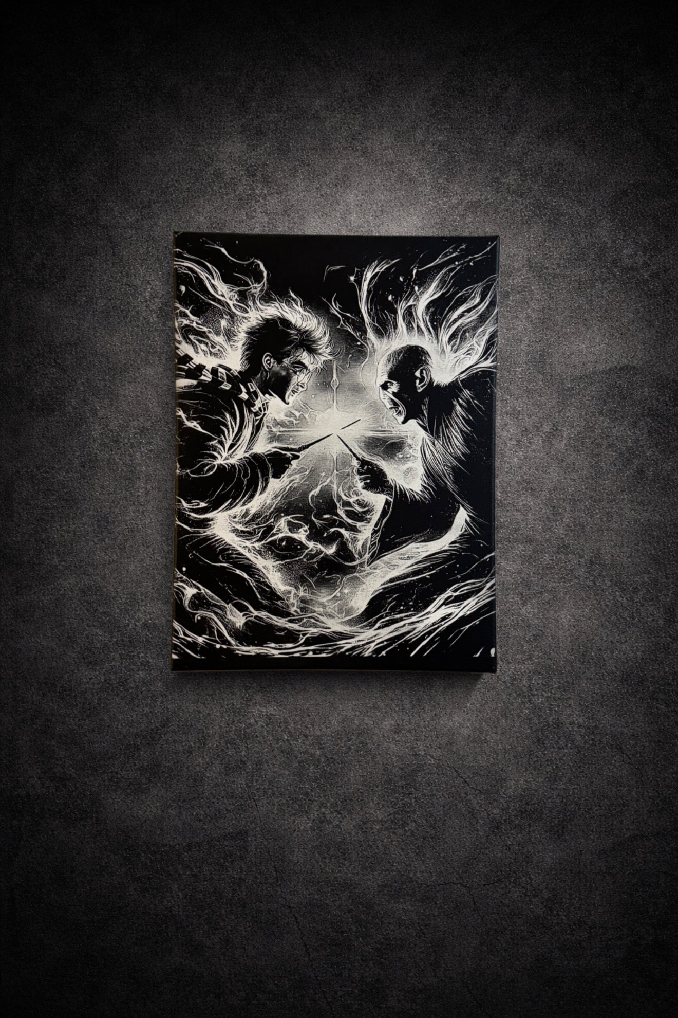 Tableau duel de sorciers noir et blanc combat magique