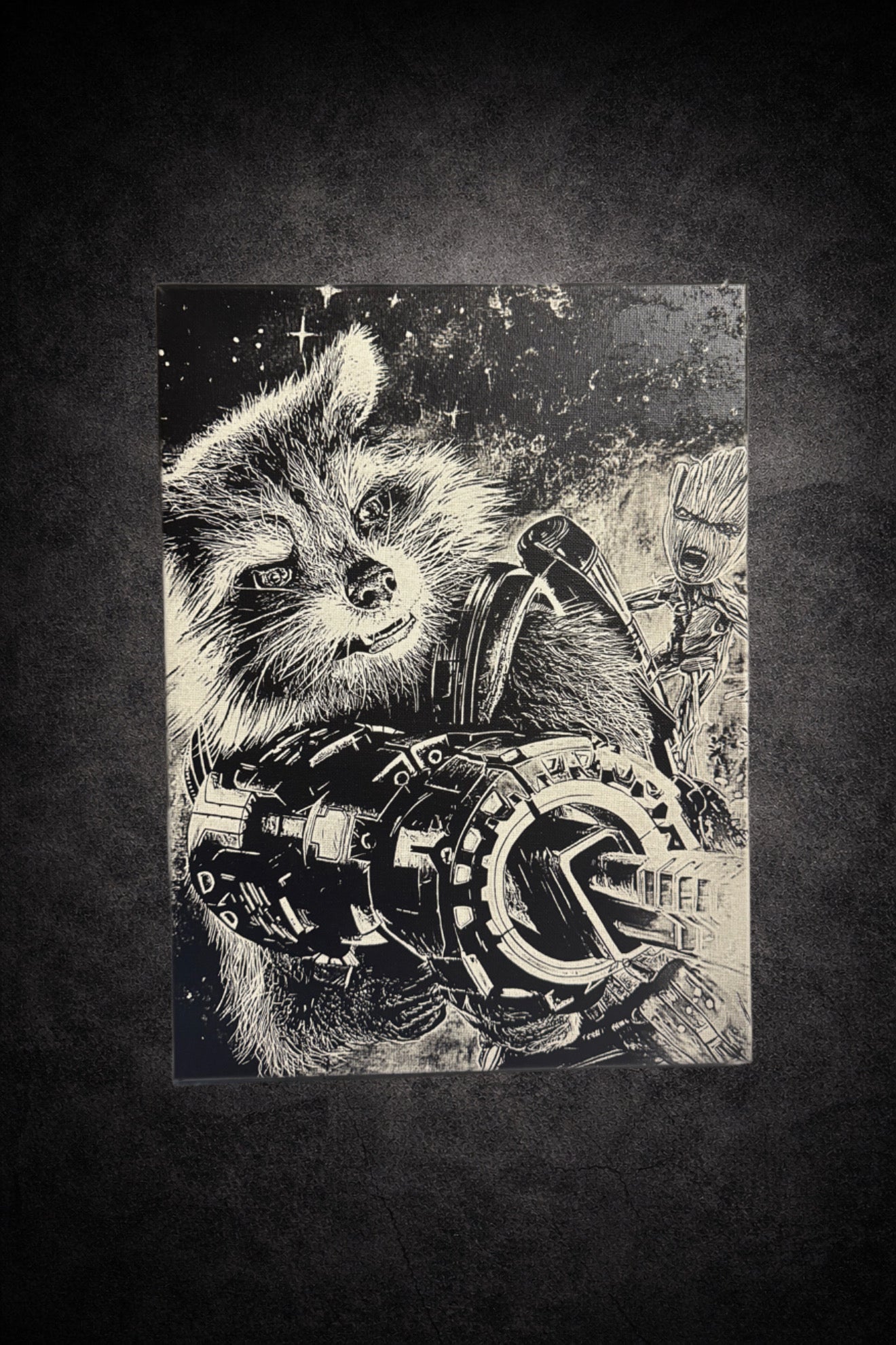 Tableau duo animal combattant et créature végétale univers spatial noir et blanc décoration murale 30x40 cm - DesignRomArt